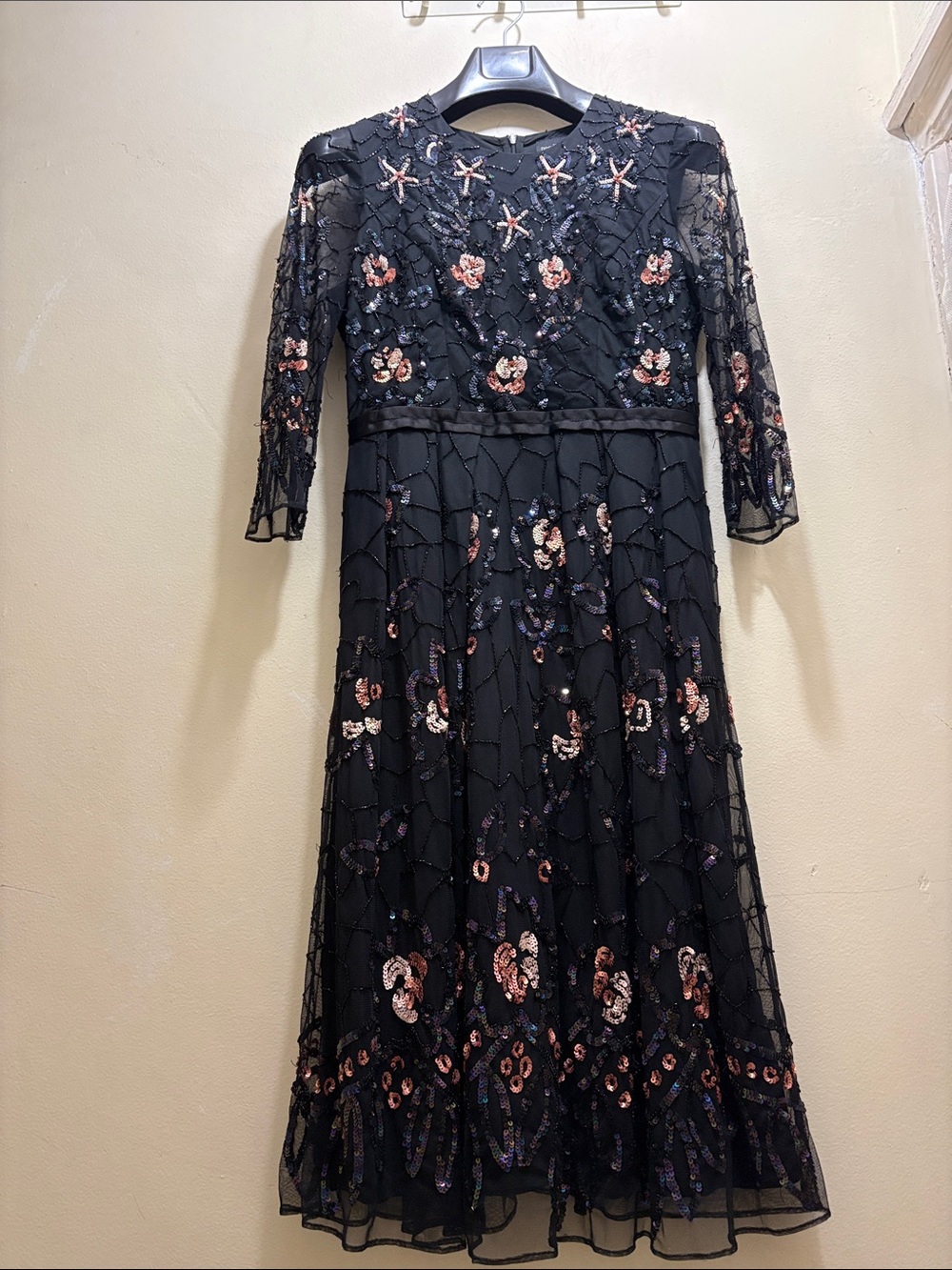 Needle & Thread Black Midi Dress with Rose-Gold Sequin Floral Embroidery